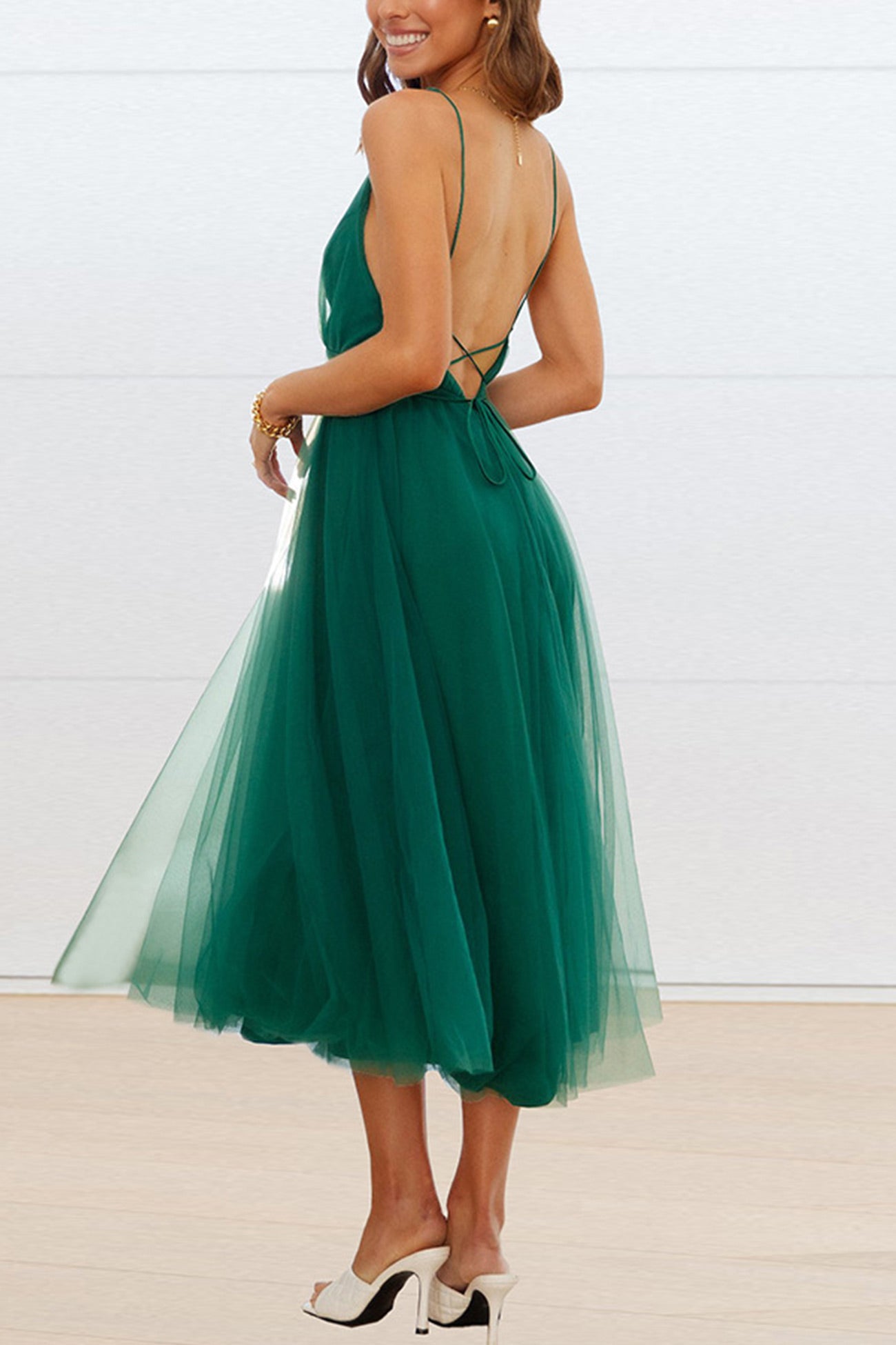 V Neck Mesh Tie Up Cami Dress