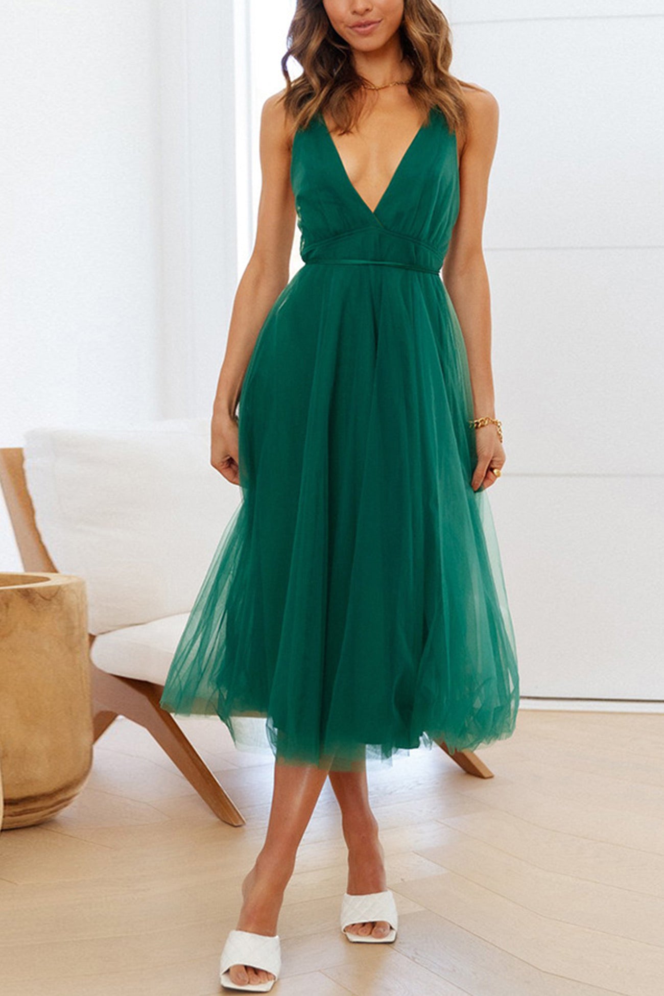 V Neck Mesh Tie Up Cami Dress