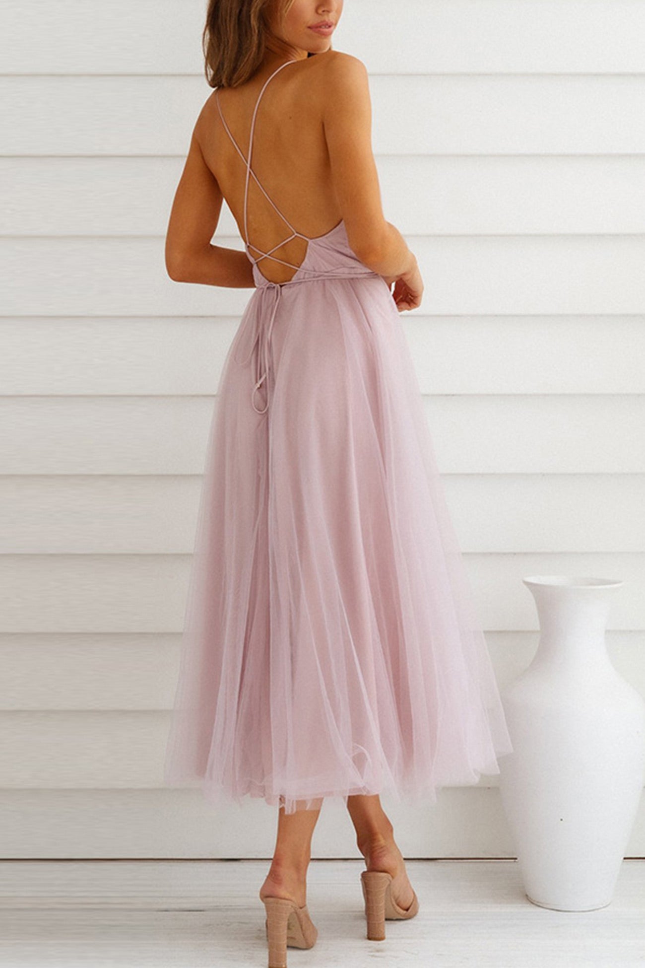 V Neck Mesh Tie Up Cami Dress