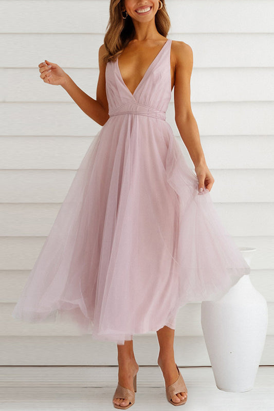 V Neck Mesh Tie Up Cami Dress