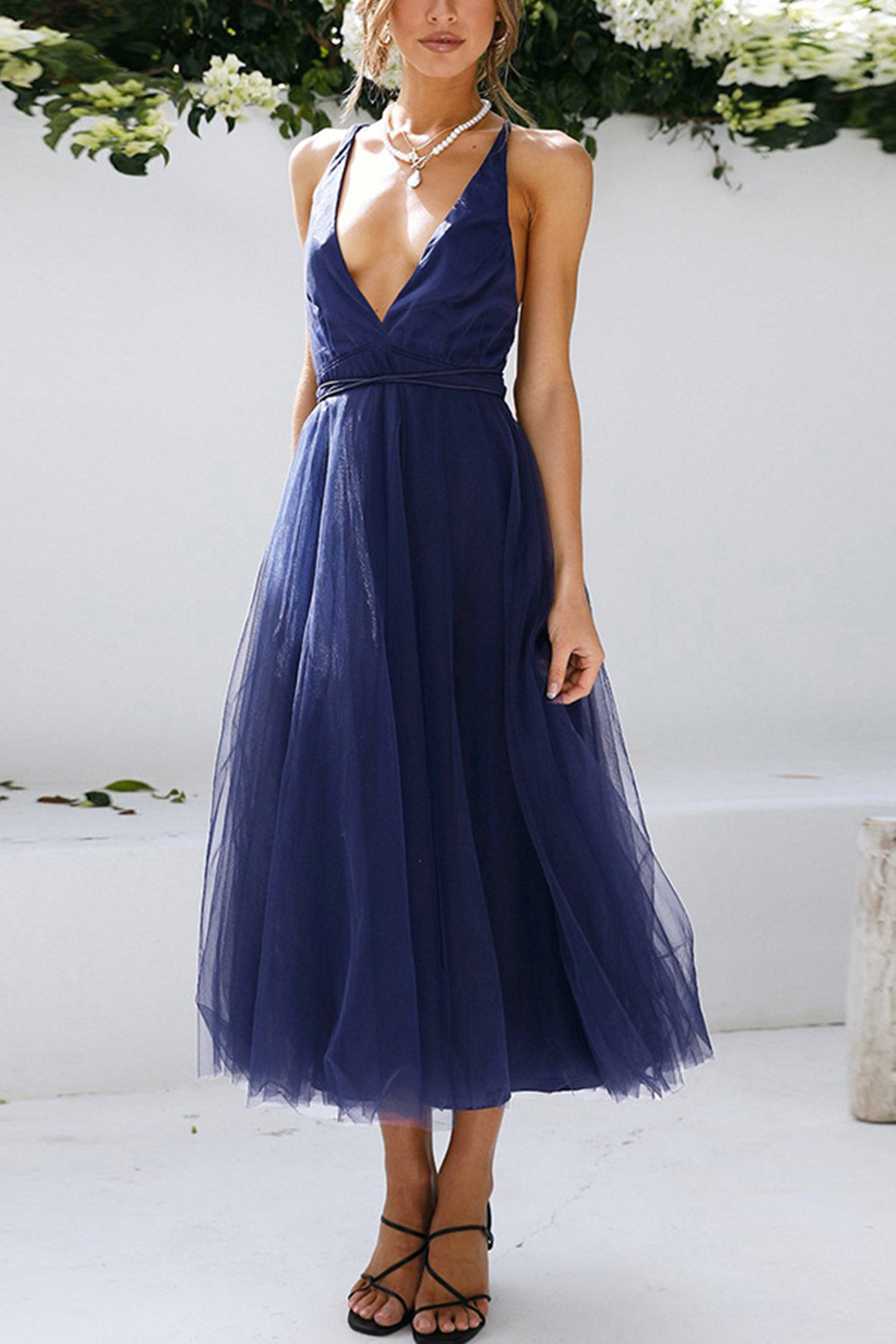 V Neck Mesh Tie Up Cami Dress