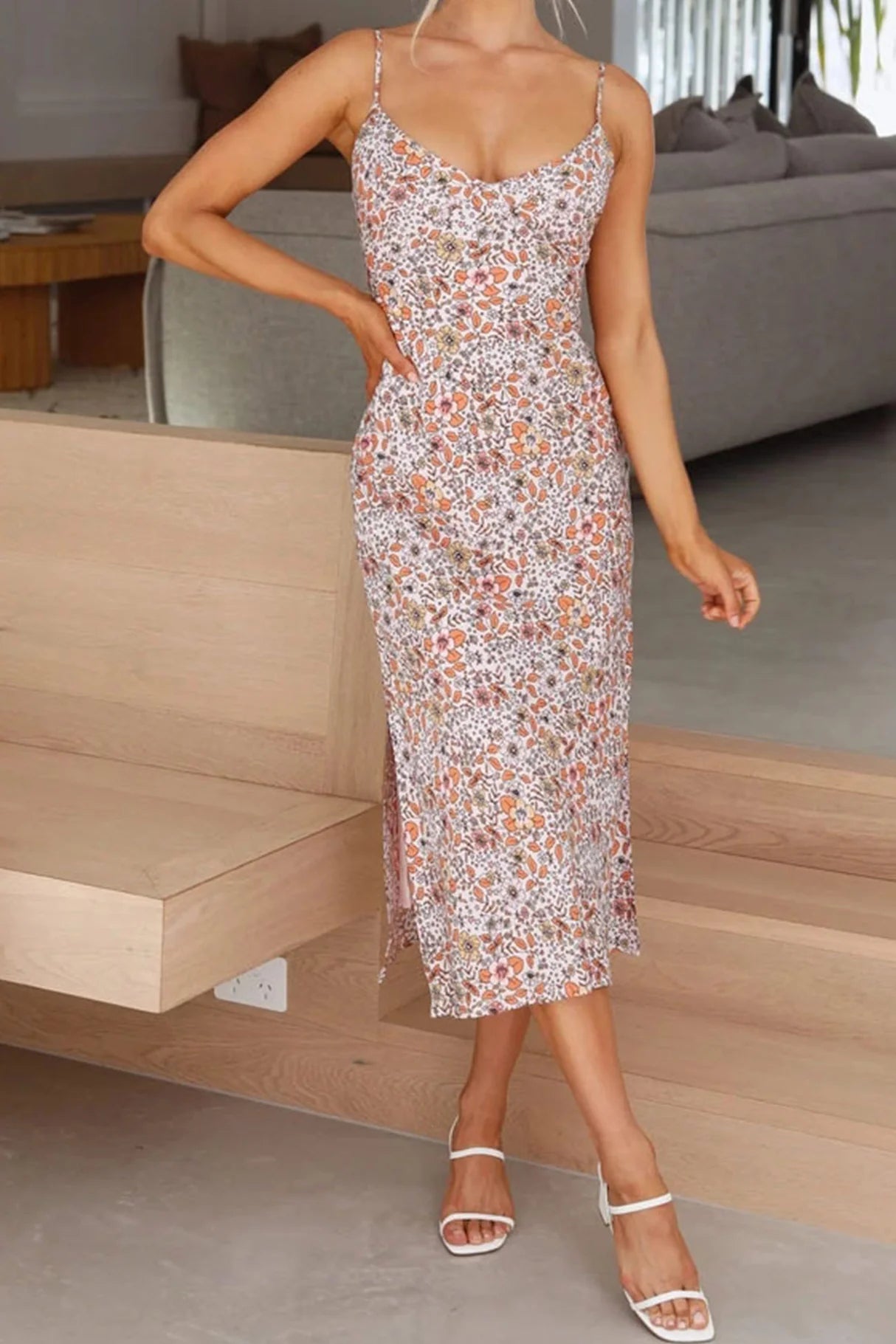 Floral Print Low Cut Slit Cami Dress