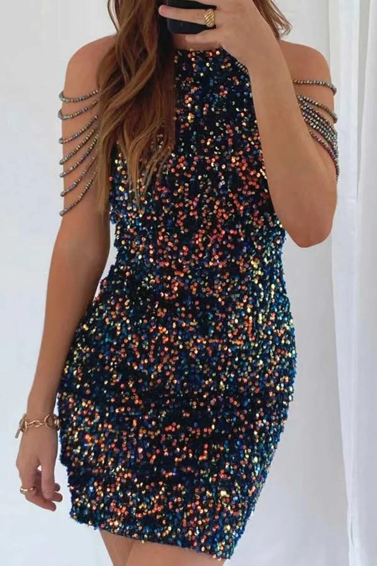 Fringe Shoulder Sequins Pack Hip Mini Dresses