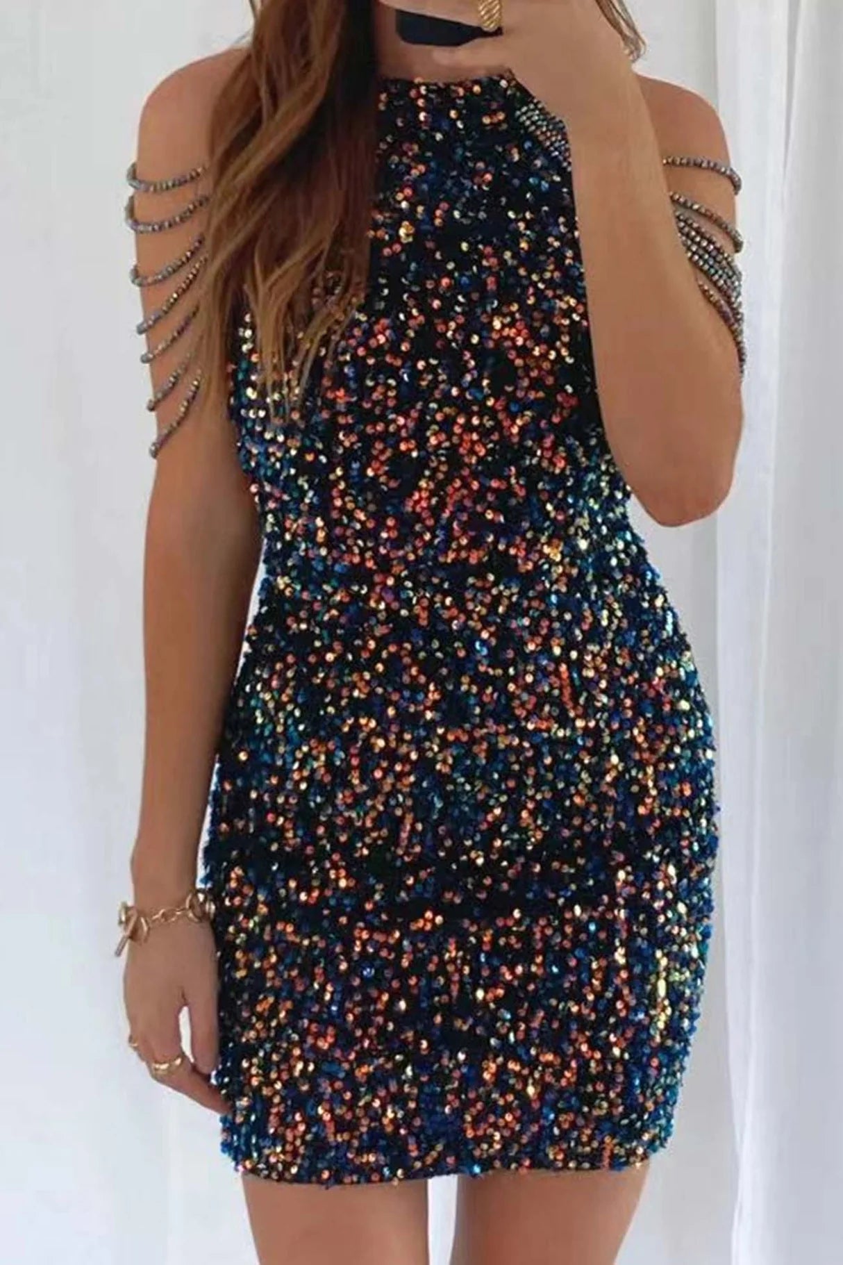 Fringe Shoulder Sequins Pack Hip Mini Dresses