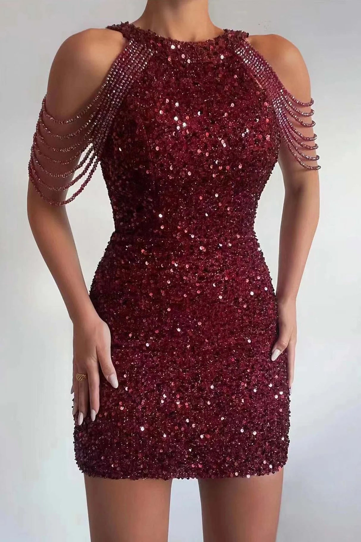 Fringe Shoulder Sequins Pack Hip Mini Dresses