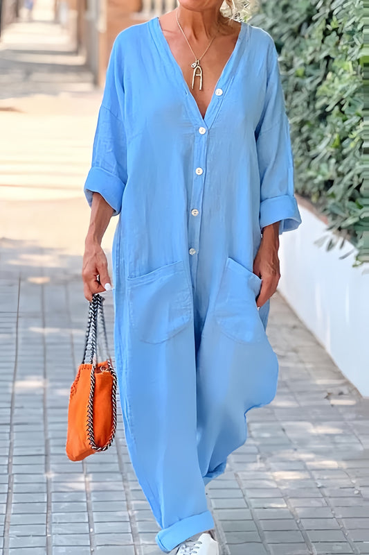 V Neck Button Up Cotton Linen Baggy Jumpsuits