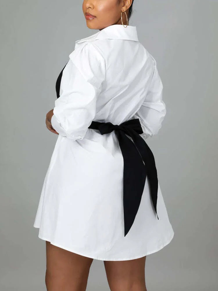 Patchwork Lace Up Shirt Dress