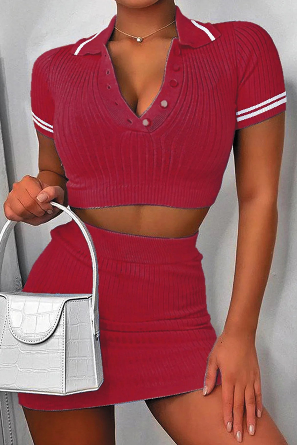 Lapel Button-down Ribbed Knit Skirt Set