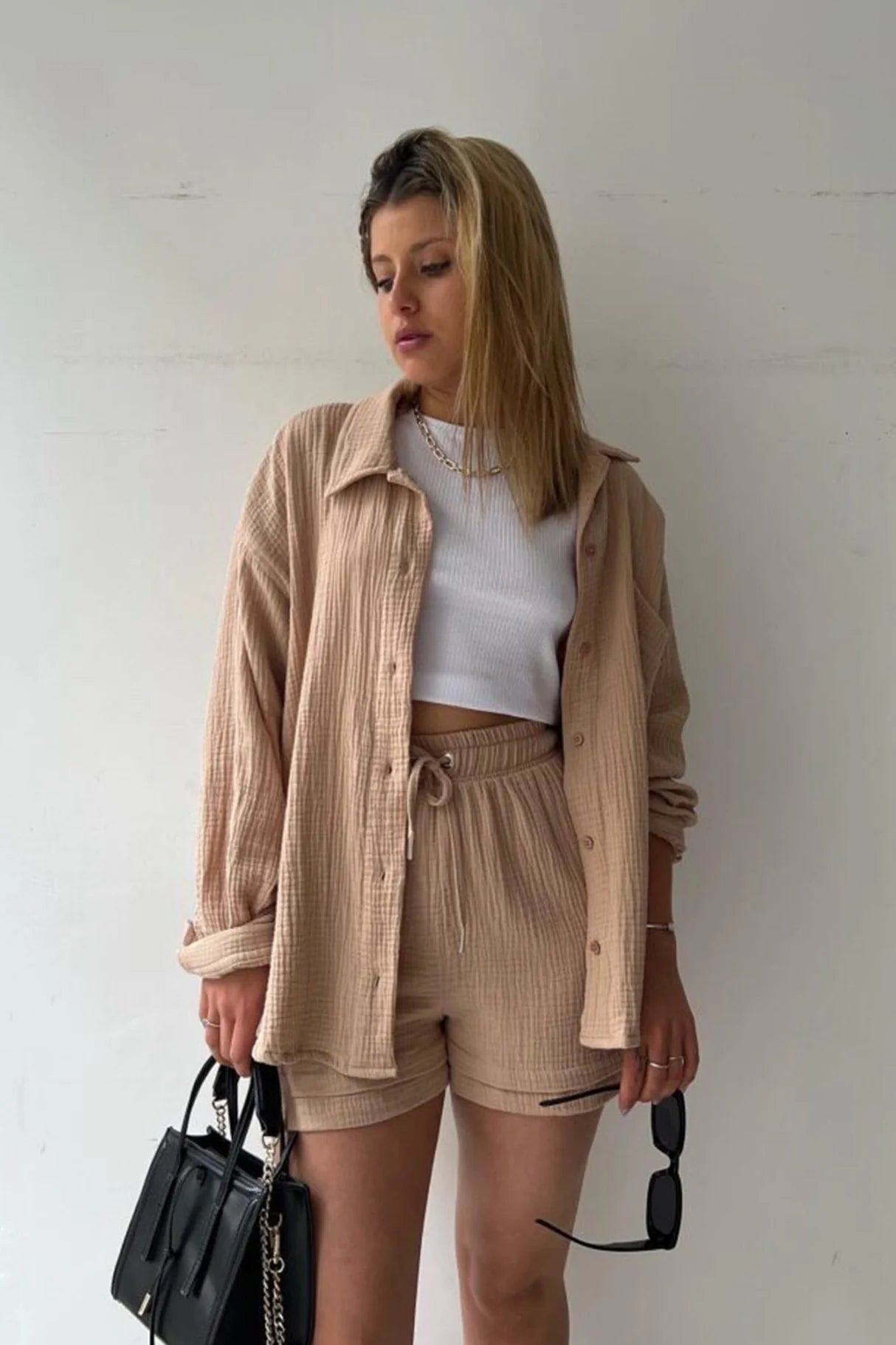 Long Sleeve Solid Color Shirt Shorts Set