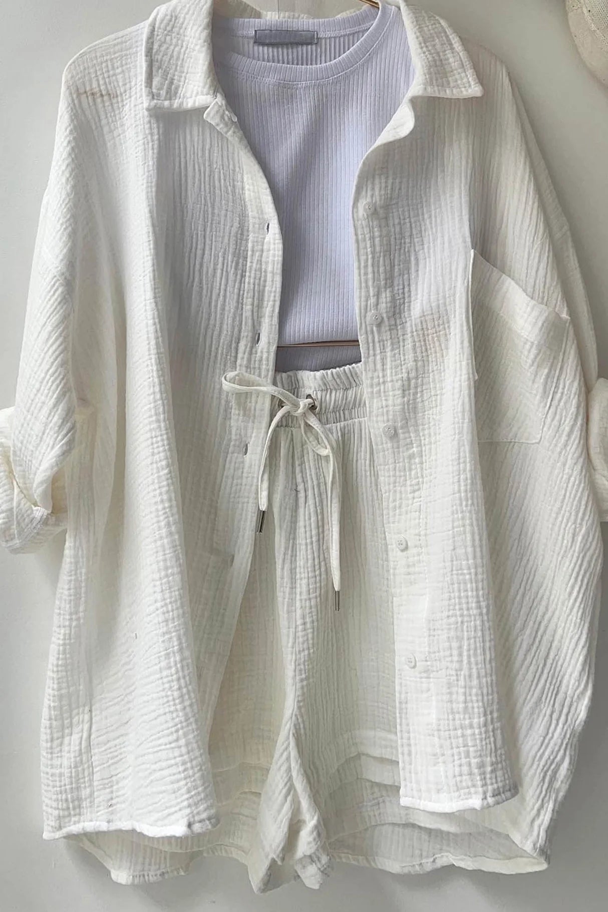 Long Sleeve Solid Color Shirt Shorts Set