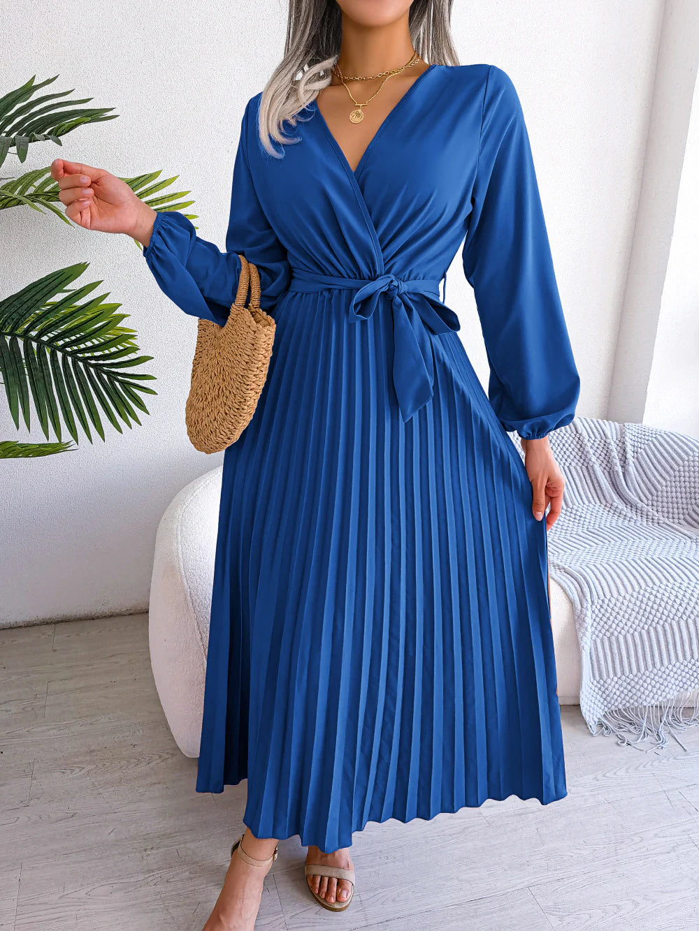 Temperament cross V-neck big swing pleated long dress