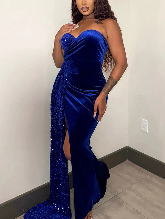 Sequin Velvet Draped Gown Dress