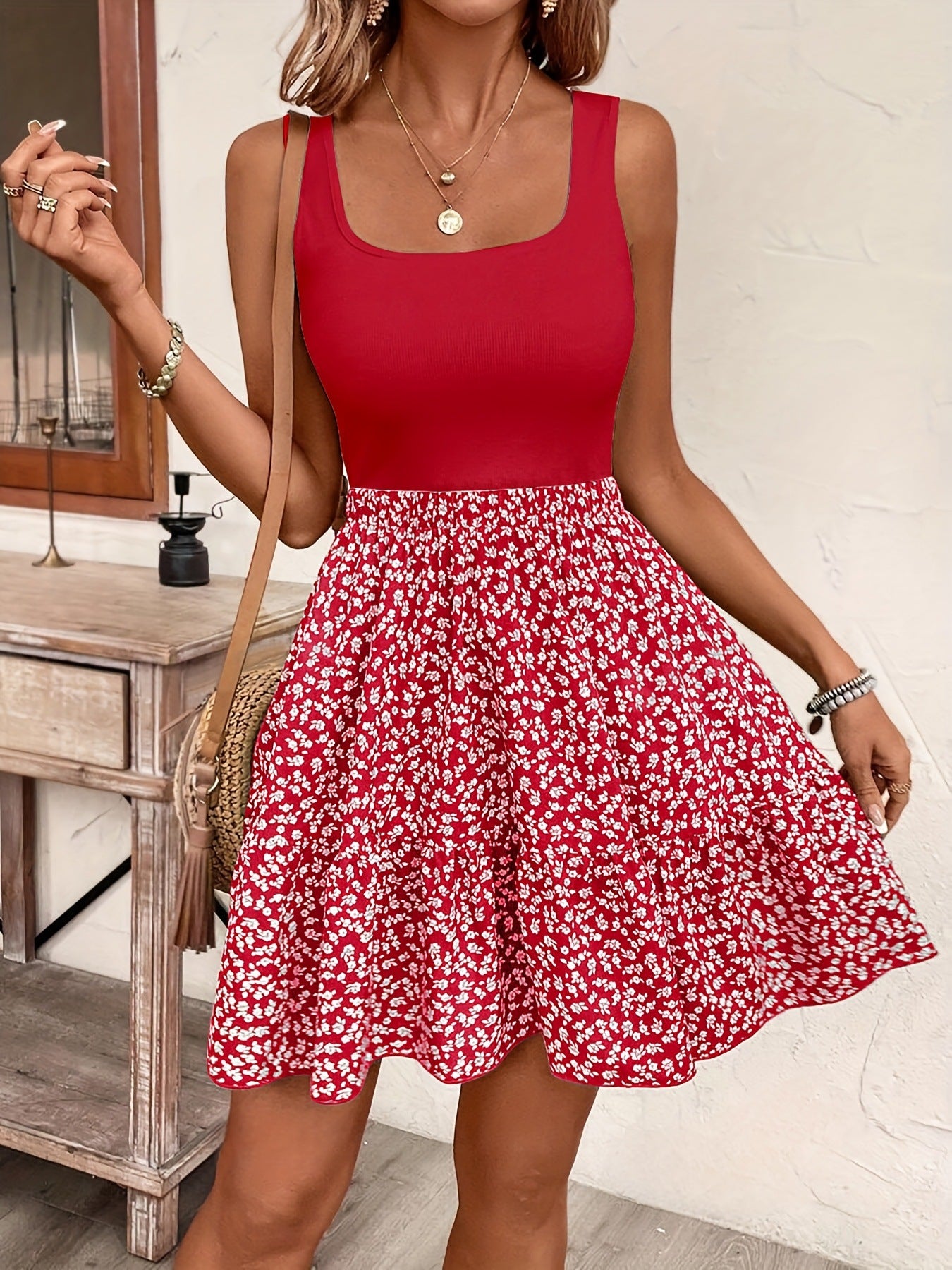 Red Floral Summer Dress Elegant Red Floral Print