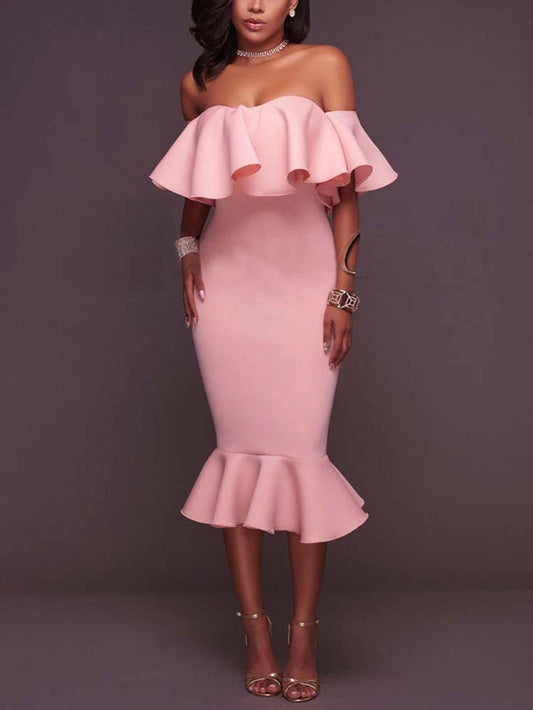 Off Shoulder Ruffle Bodycon Midi Dress