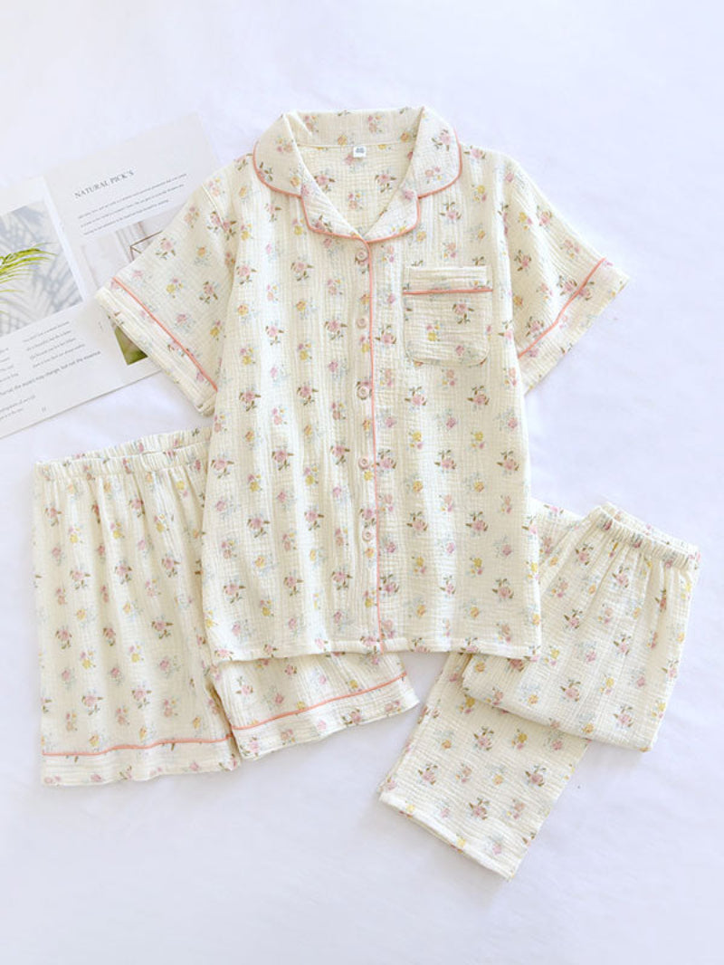 2Pcs/3Pcs Short Sleeve Floral Pajamas