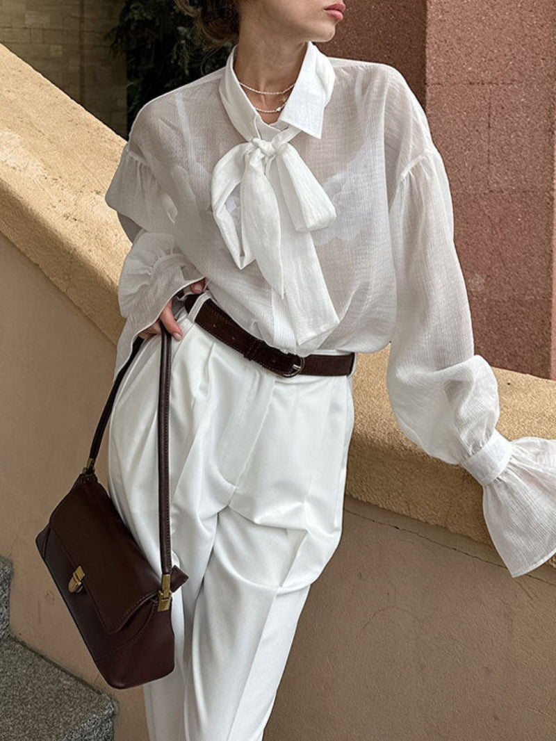 Bow Tie Collar Flared Long Sleeve White Shirt