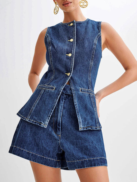 Denim Button Up Top Shorts Set