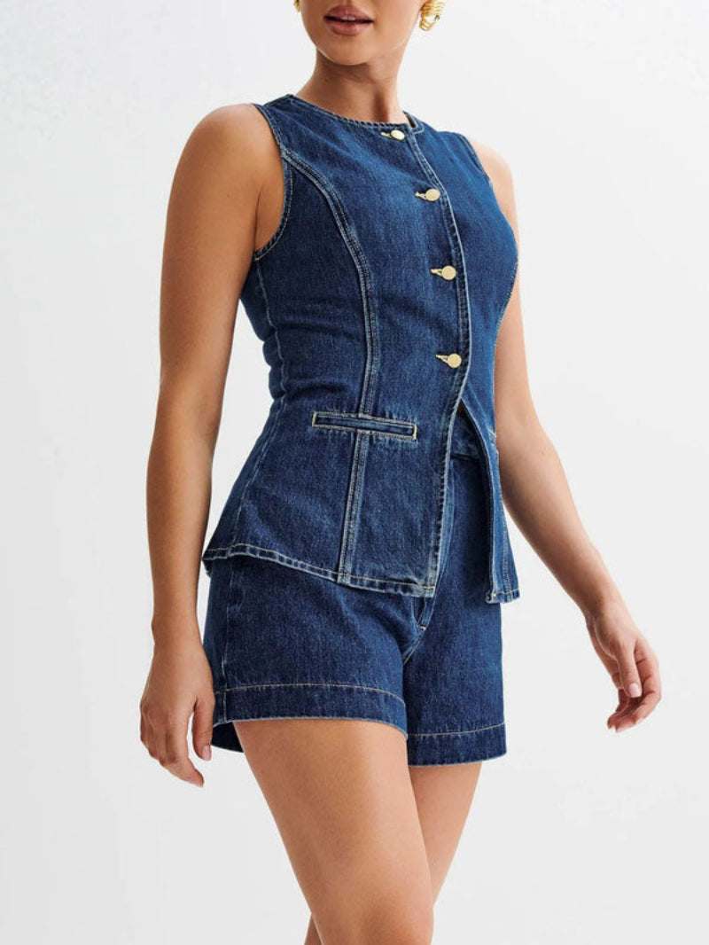 Denim Button Up Top Shorts Set