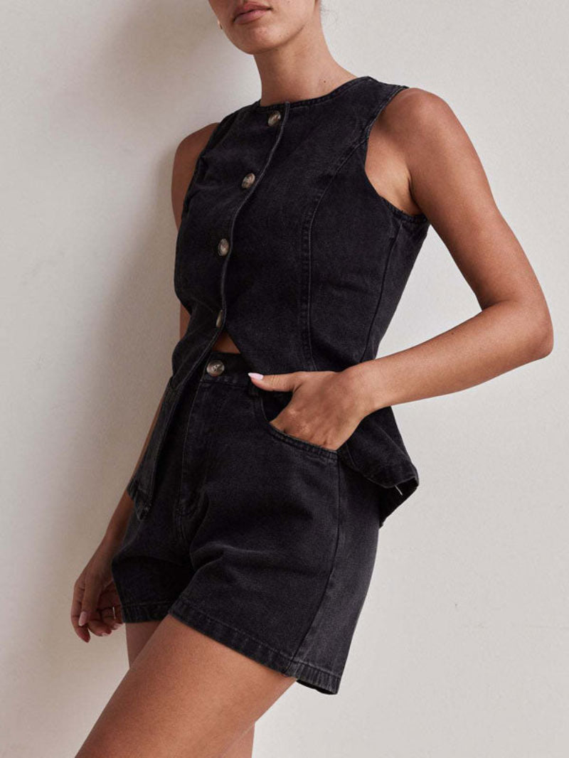 Denim Button Up Top Shorts Set