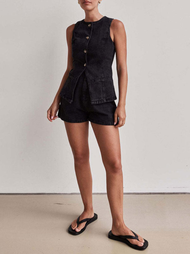 Denim Button Up Top Shorts Set