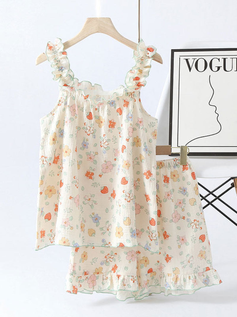 Floral Ruffle Trim Sleeveless Pajama Set