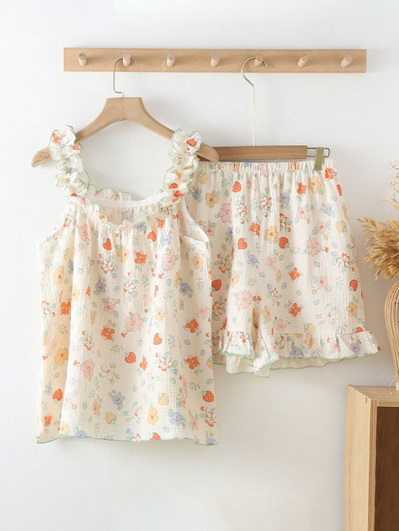 Floral Ruffle Trim Sleeveless Pajama Set