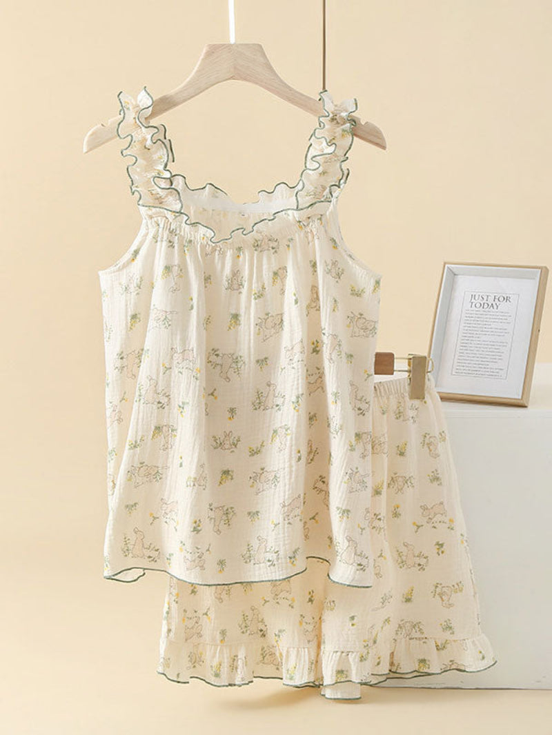 Floral Ruffle Trim Sleeveless Pajama Set