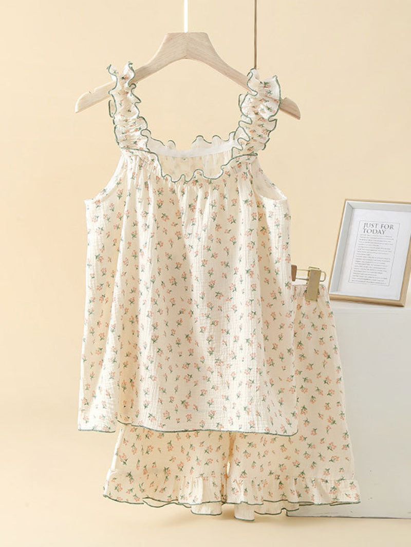 Floral Ruffle Trim Sleeveless Pajama Set