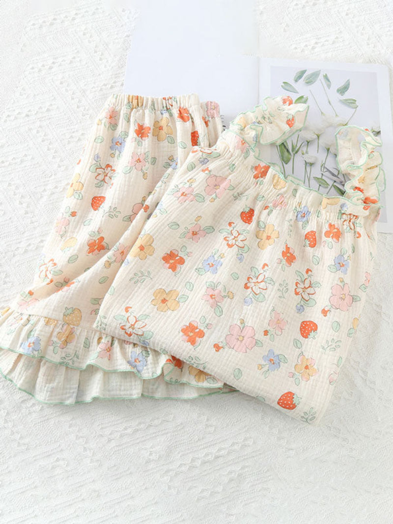 Floral Ruffle Trim Sleeveless Pajama Set