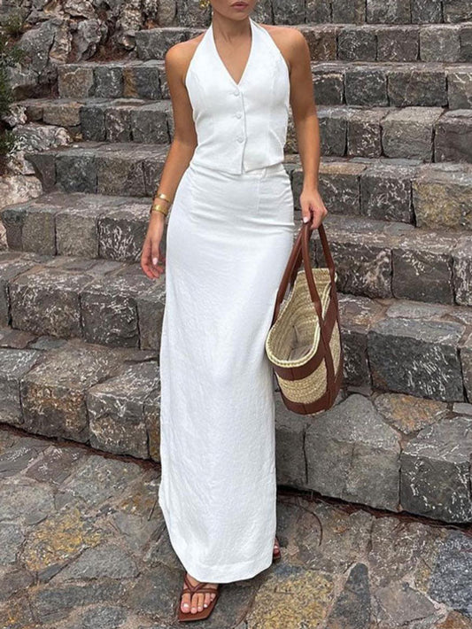Halter Neck Solid Maxi Skirt Set