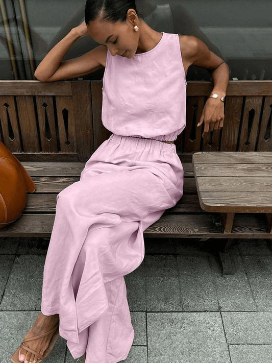 Linen Sleeveless Top With Split Pants Set