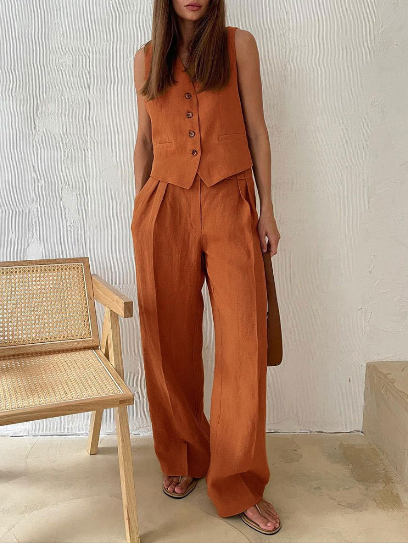 Linen Sleeveless Vest Long Pant Set