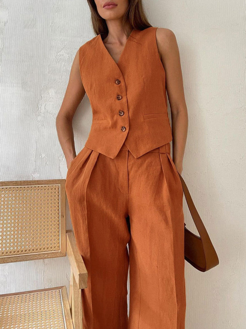 Linen Sleeveless Vest Long Pant Set