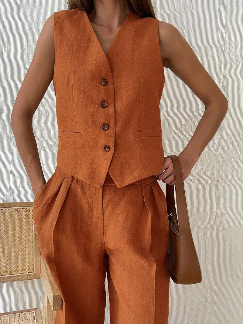 Linen Sleeveless Vest Long Pant Set