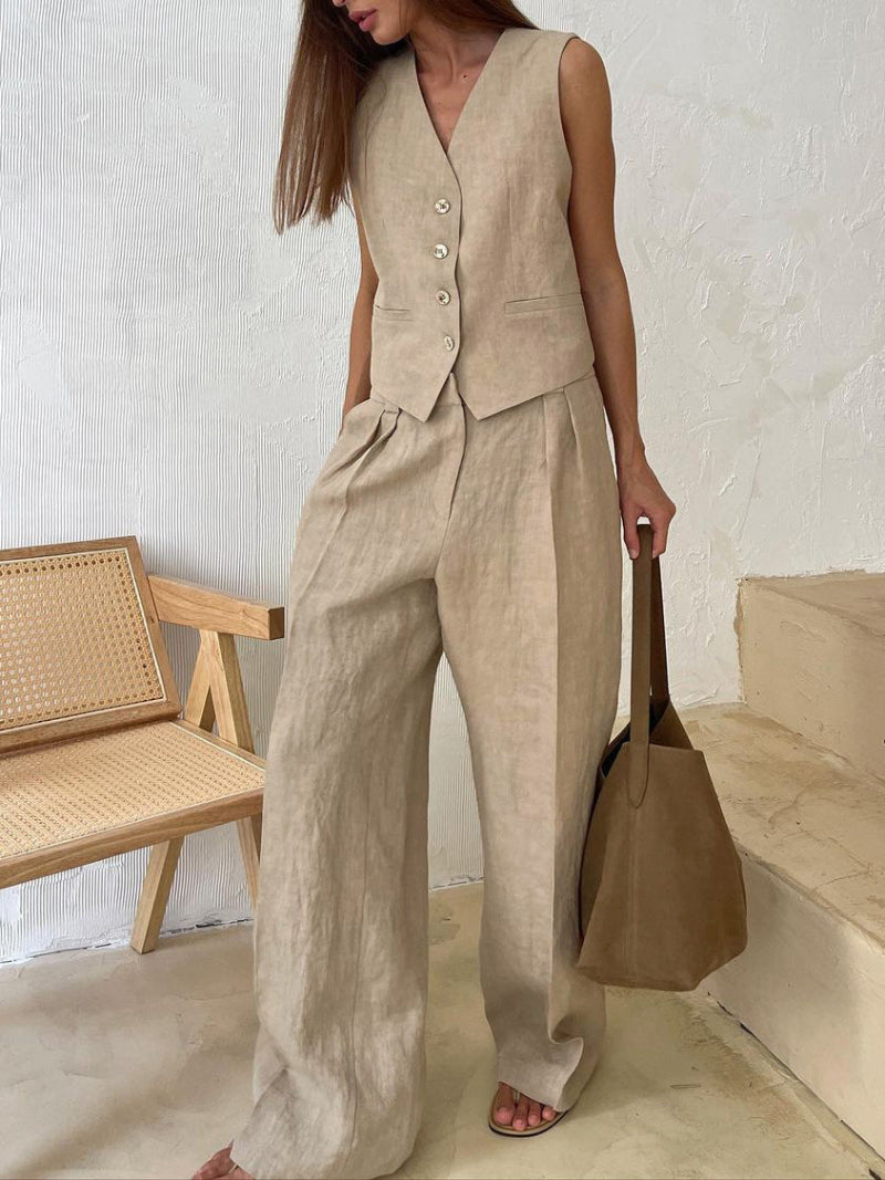 Linen Sleeveless Vest Long Pant Set
