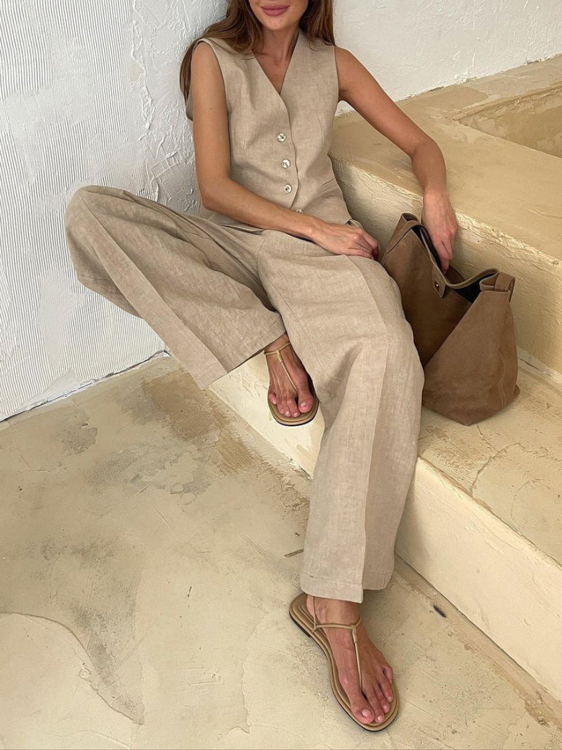 Linen Sleeveless Vest Long Pant Set