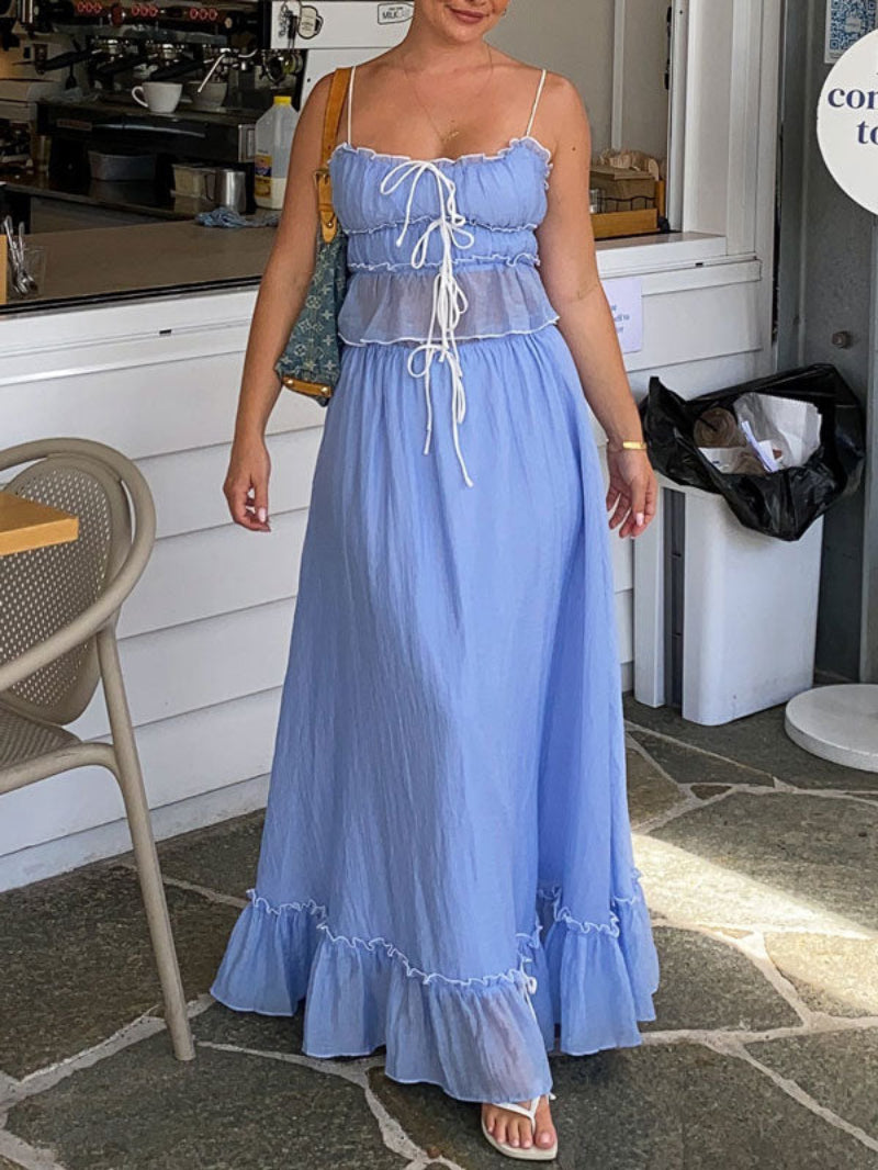 Ruched Crop Top Maxi Skirt Two Piece Set