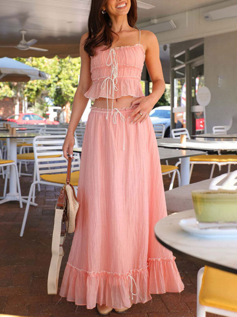 Ruched Crop Top Maxi Skirt Two Piece Set