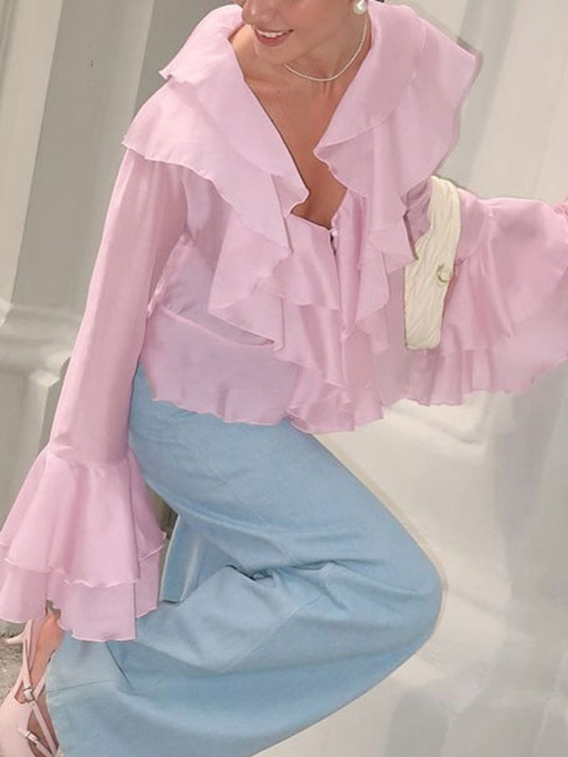 Ruffle Long Sleeve Pink Shirt