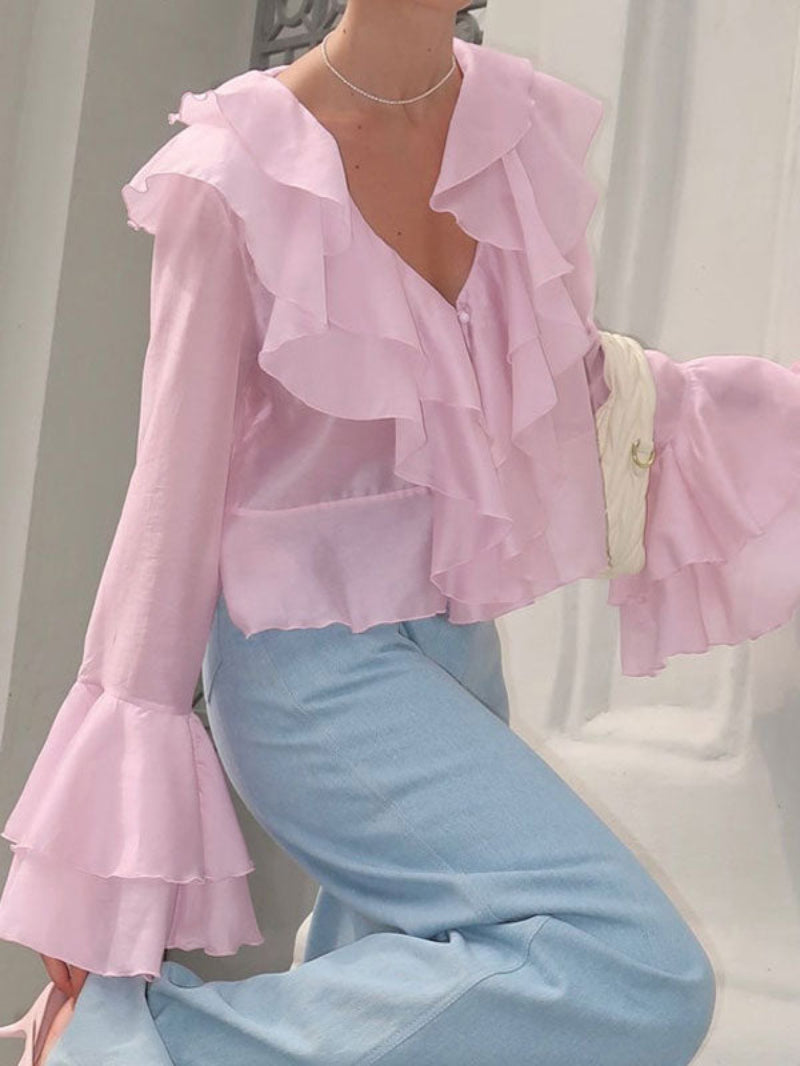 Ruffle Long Sleeve Pink Shirt