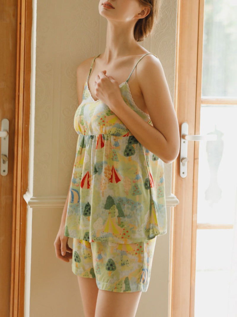 Sleeveless Lace Trim Printed Pajama Set