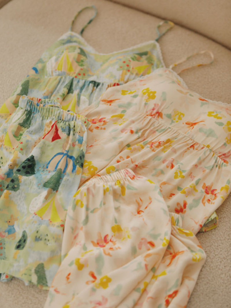 Sleeveless Lace Trim Printed Pajama Set