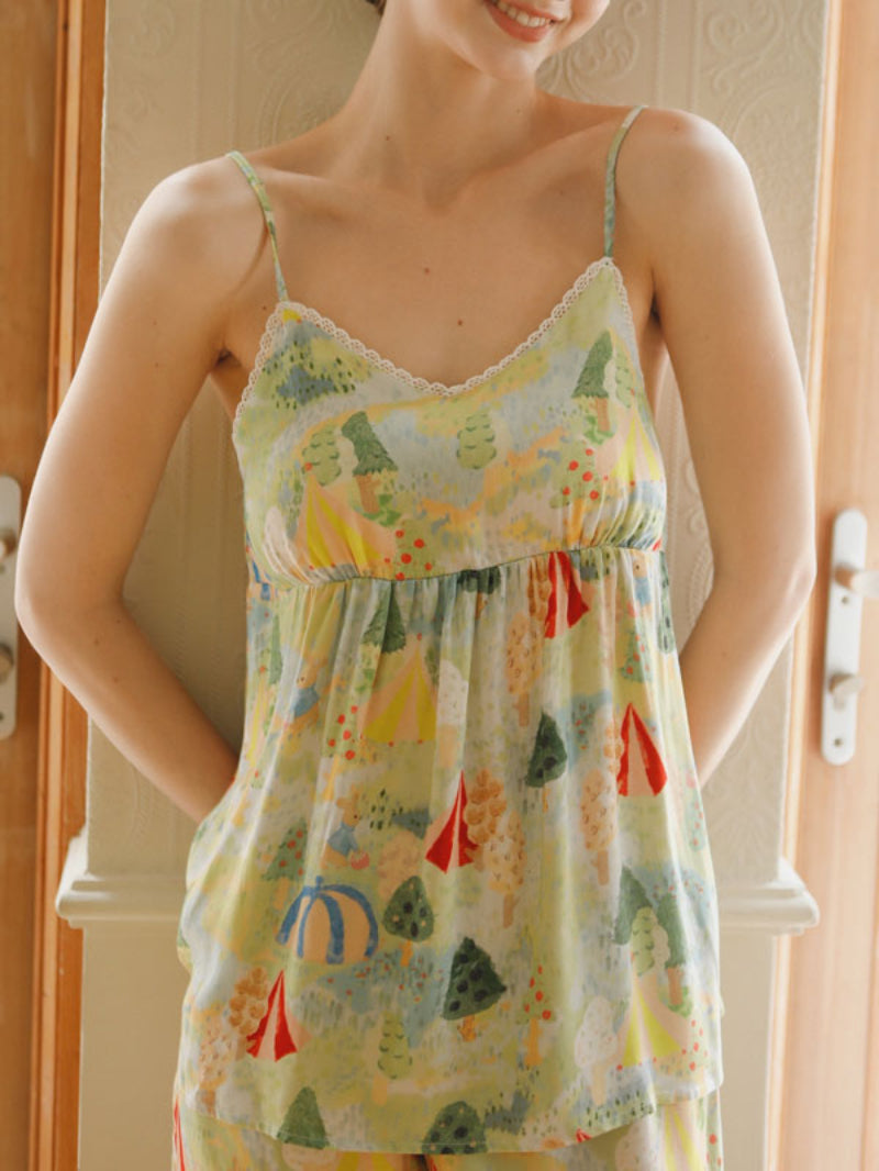 Sleeveless Lace Trim Printed Pajama Set