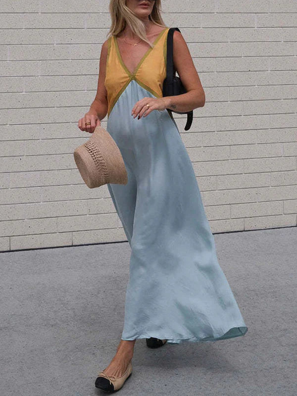V Neck Contrast Color Maxi Dress