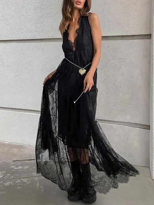 V Neck Sleeveless Lace Maxi Dress