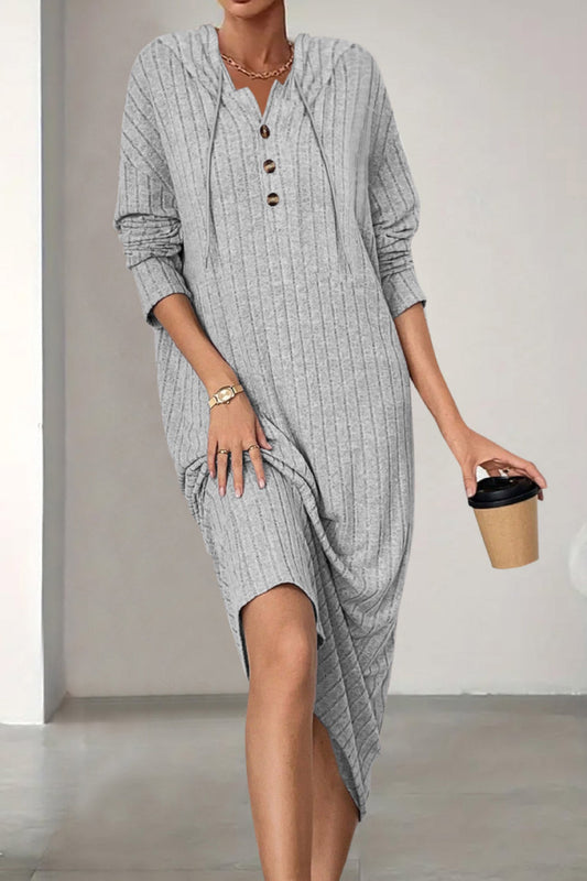 Button-down Ribbed Knit Hooded Dress