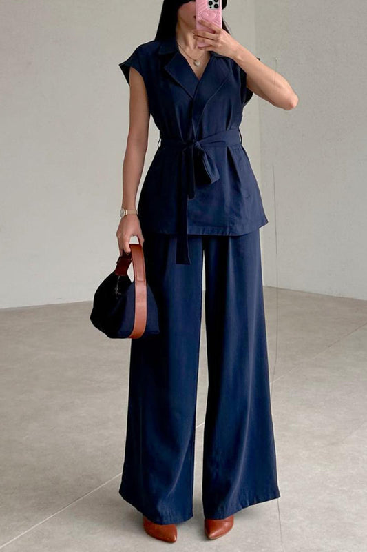Cap Sleeve Tie-waist Suit Pants Set