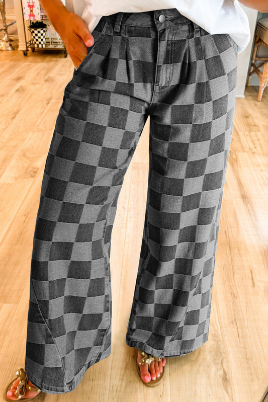 Checkered High Waist Denim Wide Leg Jeans