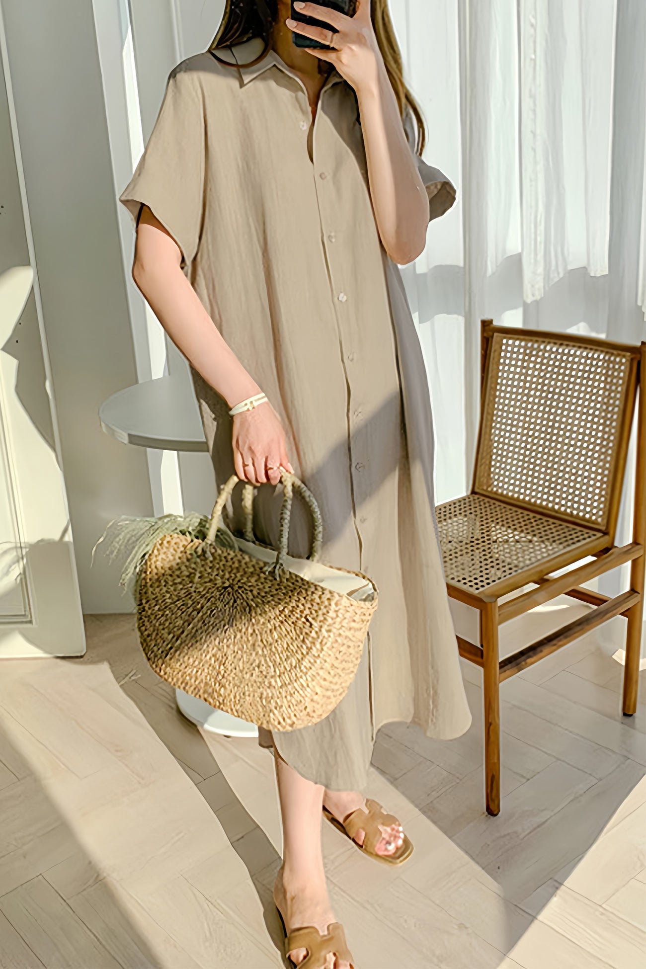 Cotton Linen Tie-waist Shirt Dress