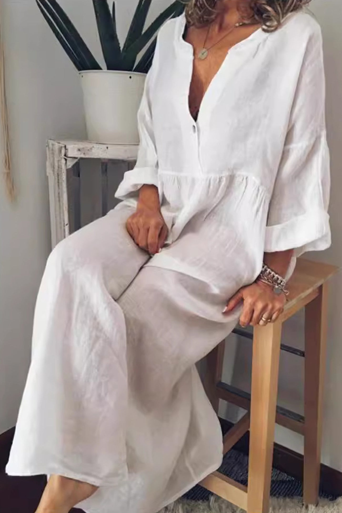 Cotton Linen Tie-waist Shirt Dress